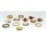 Collection of thirteen mainly 9ct gold dress rings (eleven 9ct, 39gms and two 18ct, 6.4gms)