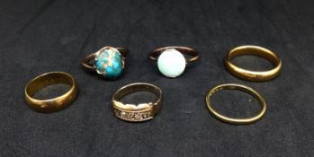 Three 22ct gold wedding bands (16gms), together with three other unmarked yellow metal rings.
