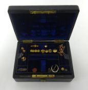 A Victorian jewellery box marked Needs and Co, Bramah with various jewellery and gold collar