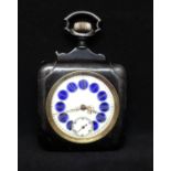 A gun metal square pocket watch with enamel on back.