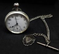 Benson, London, a silver open face and keyless pocket watch with guard chain.