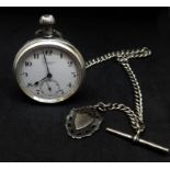 Benson, London, a silver open face and keyless pocket watch with guard chain.