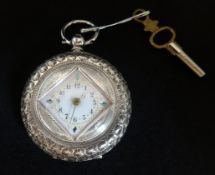 A ladies silver pretty open face fob watch, with key.