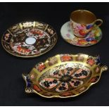 Two Royal Crown Derby dishes, Coalport porcelain and gilded vase, Coalport ewer and other cabinet