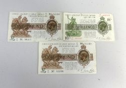 Three UK and Northern Ireland George V bank notes including two one pound notes and a ten shilling