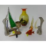 Various silver plated ware, a pair of open and barley twist brass candlesticks, Venetian glass etc.