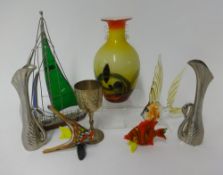 Various silver plated ware, a pair of open and barley twist brass candlesticks, Venetian glass etc.