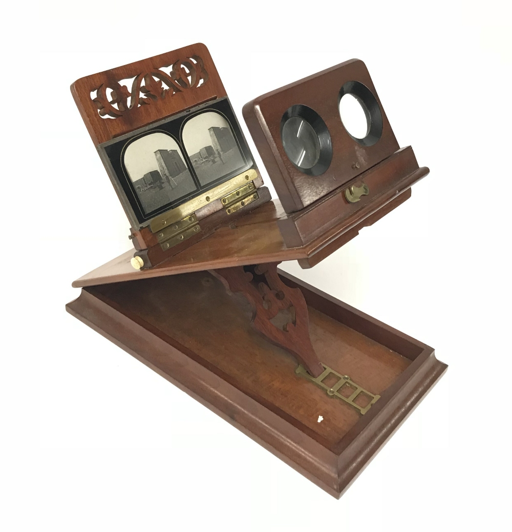 A Victorian mahogany Graphoscope viewer with plaque 'Rowsells, Picolo, Graphoscope', length 35cm,