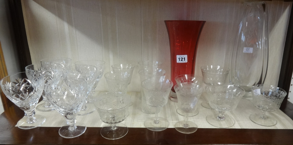 Six lead crystal glasses, two vases and small Pall Mall glasses.