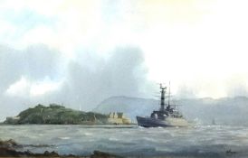 Collection of pictures including Tim Thompson gouache 'Frigate off Drakes Island', Douglas West