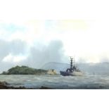 Collection of pictures including Tim Thompson gouache 'Frigate off Drakes Island', Douglas West