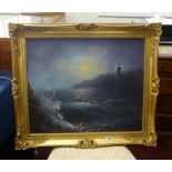 20th Century oil on canvas, signed 'Dresser', 'Moonlight Seascape', 50cm x 60cm in swept gilt