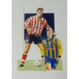 Gary Keane, original signed watercolour 'Two Footballers', overall size 40cm x 29cm.