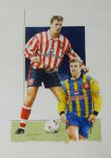 Gary Keane, original signed watercolour 'Two Footballers', overall size 40cm x 29cm.