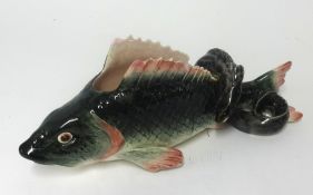 Majolica style pottery fish vase, Sturgeon, length 31cm.