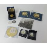 Various commemorative coins including Royal Mint Britannia Gairsopa, American dollar, Westminster