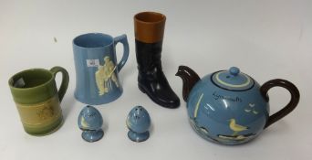 Various items including china ornaments, including boots, Dartmouth Pottery sporting tankard, old
