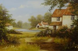 G.Heath, signed, oil on canvas 'Cottages by a River', 52cm x 73cm together with four modern