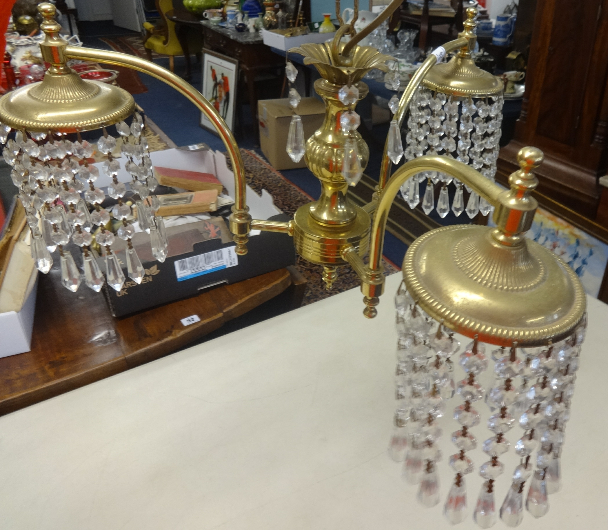 A three arm brass and cut glass chandelier together with a 1920's Bar Let typewriter. - Bild 2 aus 2