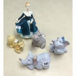 A collection of various Nao animal ornaments and a Royal Doulton figure 'Janine'.