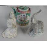 A Nao porcelain elephant, Chinese porcelain teapot and a Chinese white porcelain figure (badly
