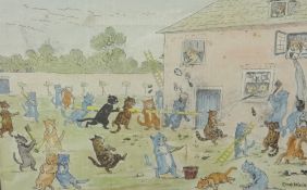 Louis Wain, coloured print 'Cat attacking the House', 17cm x 25cm.