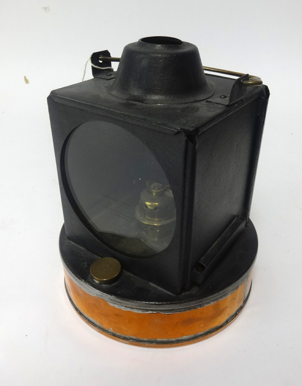 A Railway portable Oil Lamp, round copper base, embossed Sherwoods Ltd Bham, on wick adjuster