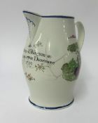 An 18th Century cream ware jug, badly damaged and restored, inscribed 'William Elkington, Stretton