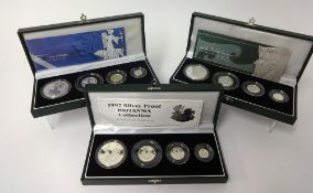 Three Britannia UK silver proof collections 2003, 2001 and 1997 all cased.