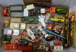 A large tray of playworn, Dinky, Corgi and Matchbox/Lesney models plus a R10 bus and Polistil Mini