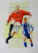 Gary Keane, original signed watercolour 'Cantona', overall size 40cm x 29cm.