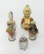 Porcelain pin cushion dolls head, novelty German scent bottle, porcelain Middle Eastern busts (5).