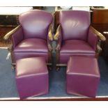 Two wood framed armchairs with later purple leather upholstery and similar pouffes.
