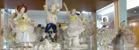Six small Dresden porcelain dancing figures together with Royal Crown Derby figure 'Peace'