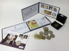 A collection of various commemorative coins including Jubilee Mint first day covers, London Mint