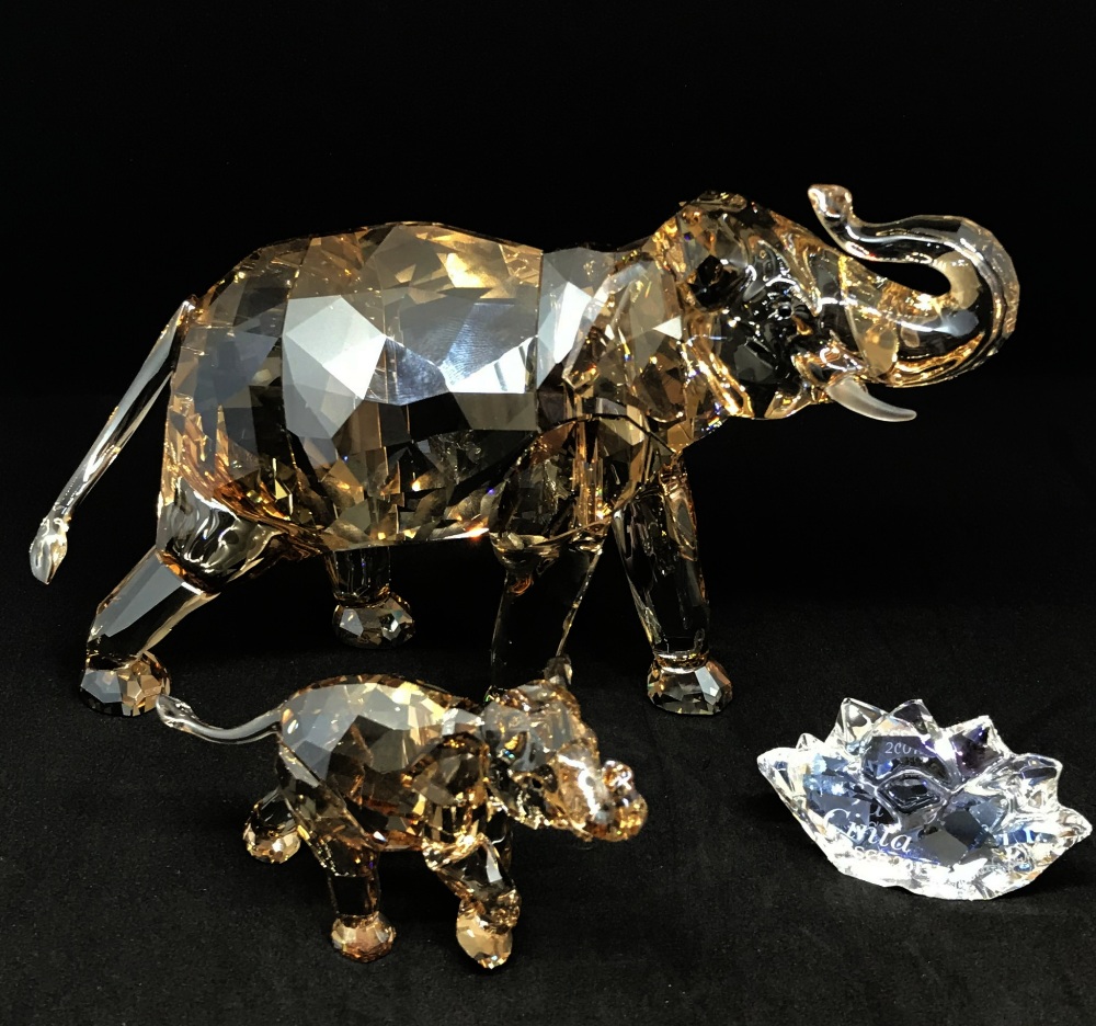 Swarovski Crystal Glass, SCS 'Cinta Elephant' with plaque and baby elephant, boxed.