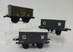 Three Hornby gauge 0 GWR vans, No.0 milk traffic van (1931-33) with opening/sliding doors and two