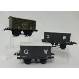 Three Hornby gauge 0 GWR vans, No.0 milk traffic van (1931-33) with opening/sliding doors and two