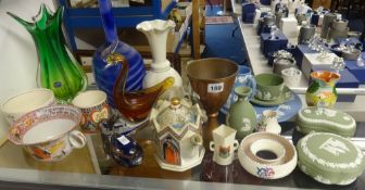 Various art glass, Wedgwood Jasperware, some crested ware including W.H.Goss Dartmouth vase etc.