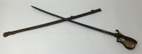 A Turkish Army Sword with etched steel blade and scabbard, (reputedly recovered from the ground in