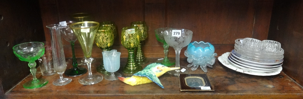 Various glassware including Bohemian coloured and overlay gilt drinking glasses, various dishes also