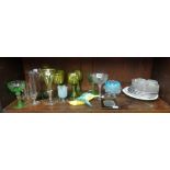 Various glassware including Bohemian coloured and overlay gilt drinking glasses, various dishes also