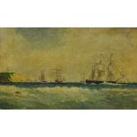 William Calvert, oil on panel, 'Shipping in the Sound, Plymouth', with Plymouth label verso