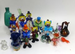 Murano, a collection of seven clowns together with an assortment of other coloured glassware and