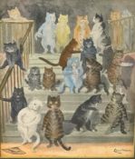 Louis Wain, coloured print 'Cat on Staircase', 19cm x 15cm.