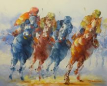 A modern oil on canvas, signed, Impressionistic Horserace, 50cm x 60cm.