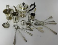 Various silver plated wares, teapot, crested spoons, silver mustard pot and small cup etc.