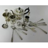 Various silver plated wares, teapot, crested spoons, silver mustard pot and small cup etc.
