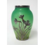 A small green glass vase with silver overlay decoration, height 11cm.