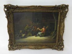 20th century, oil on board, Dutch style, interior scene, gilt swept frame.